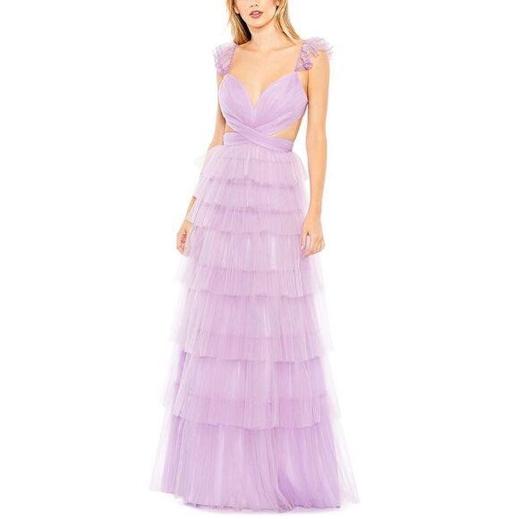 Mac Duggal WomensRuffle Tiered Tulle Cut Out Gown Purple